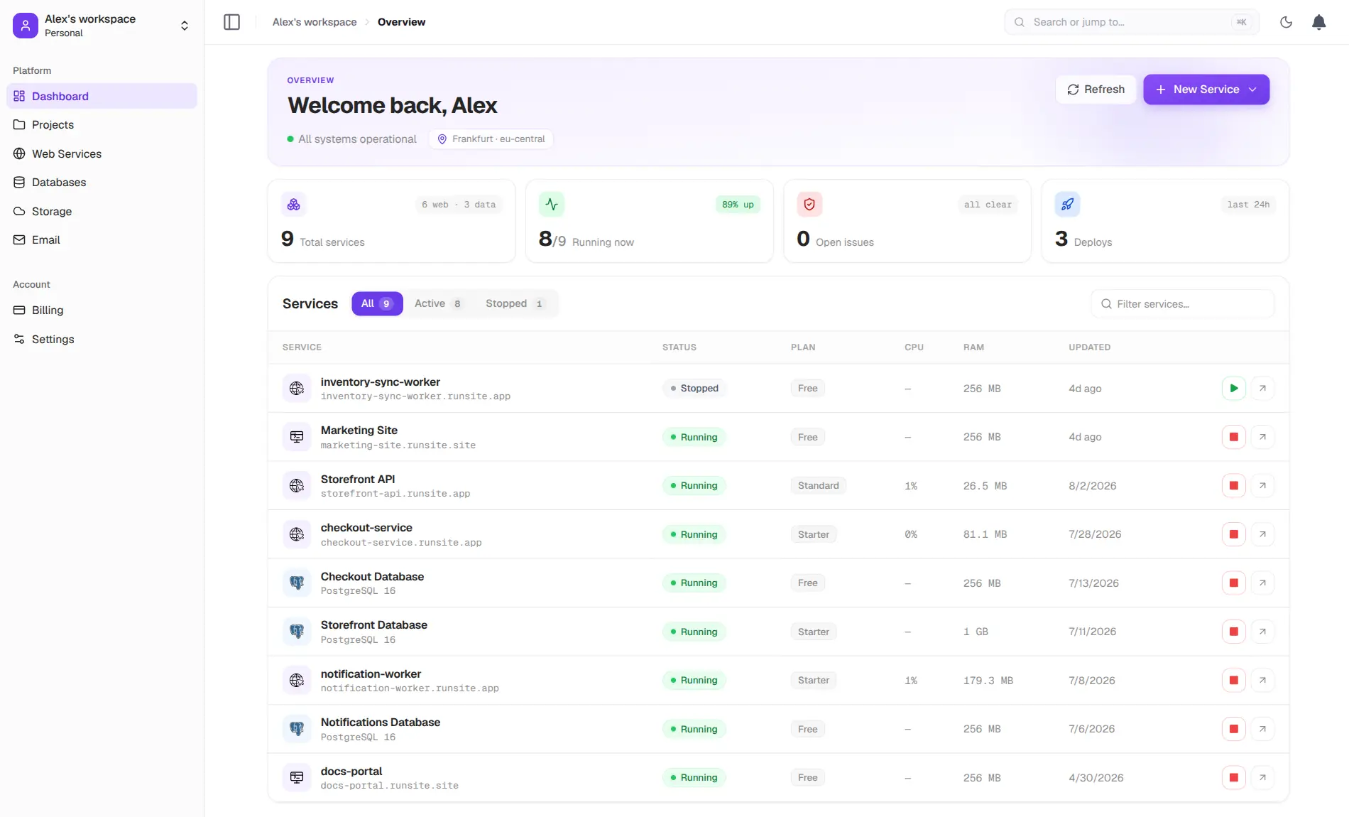 Runsite dashboard showing deployed services, their status and resource usage